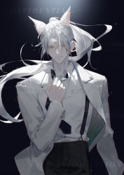 Rule 34 | 1boy, absurdres, animal ears, black necktie, chromatic aberration, facial mark, forehead mark, formal, fox boy, fox ears, high ponytail, highres, light and night love, long sleeves, looking at viewer, male focus, necktie, qi sili, solo, suit, uniform, vitafanggua, white hair, white suit, yellow eyes
