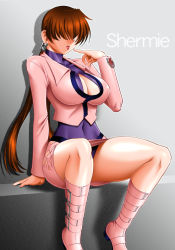 Rule 34 | 1girl, arm support, blazer, blouse, boots, breasts, brown hair, cleavage, cleavage cutout, clothing cutout, crop top, earrings, finger to mouth, hair over eyes, hip focus, jacket, jewelry, knee boots, large breasts, leotard, lipstick, long hair, makeup, miniskirt, mokkouyou-bond, mokkouyou bond, naughty face, no bra, open mouth, pencil skirt, pink footwear, pinky out, shadow, shermie (kof), shirt, sitting, skin tight, skirt, snk, solo, spread legs, strap, the king of fighters, thick thighs, thighs, turtleneck, twintails, very long hair, wide hips
