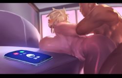 Rule 34 | 1boy, 1girl, all fours, arm grab, arms behind back, bald, blonde hair, blush, breasts, calling, cellphone, cheating (relationship), dark-skinned male, dark skin, doggystyle, from behind, gen&#039;en (sioherashi), grabbing, huge breasts, mature female, mature female, muscular, neck grab, netorare, phone, plump, sex, sex from behind, sideboob, thick thighs, thighs