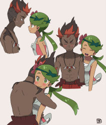 Rule 34 | 1boy, 1girl, blush, closed eyes, collarbone, creatures (company), dark-skinned female, dark-skinned male, dark skin, eye contact, game freak, green eyes, green hair, hair ornament, highres, hug, jewelry, kiawe (pokemon), looking at another, mallow (pokemon), masso n, multiple views, necklace, nintendo, open mouth, pokemon, pokemon sm, pout, signature, sweat, teeth, topless male, twintails, upper body