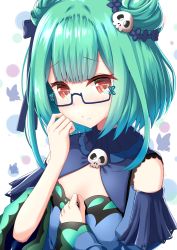 Rule 34 | 1girl, absurdres, bespectacled, bug, butterfly, commentary request, detached sleeves, double bun, embarrassed, flat chest, glasses, gothic lolita, green hair, hair bun, hair ornament, hair ribbon, hand to own mouth, highres, hololive, insect, lolita fashion, portrait, red eyes, ribbon, short hair, skull, solo, uruha rushia, uruha rushia (1st costume), virtual youtuber