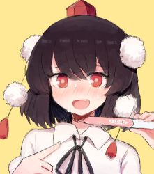 Rule 34 | 1girl, :d, arm up, black neckwear, black ribbon, blush, brown hair, collared shirt, commentary request, eyelashes, fang, formicid, hat, holding, index finger raised, korean commentary, open mouth, pointing, pom pom (clothes), pregnancy test, red eyes, red hat, ribbon, shameimaru aya, shirt, short hair, short sleeves, simple background, smile, solo, standing, tassel, tokin hat, touhou, upper body, white shirt, wing collar, yellow background