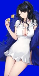 Rule 34 | 1girl, absurdres, black hair, blue background, blue eyes, breasts, cleavage, cleavage cutout, clothing cutout, commentary, cowboy shot, dress, unworn eyewear, frilled dress, frills, fur trim, hand up, head tilt, highres, holding, holding removed eyewear, jewelry, large breasts, long hair, looking at viewer, necklace, nico robin, one piece, one piece film: gold, ponytail, sabotensuteeki, short dress, short sleeves, sidelocks, simple background, smile, solo, sunglasses, swept bangs, symbol-only commentary, white dress