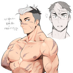 Rule 34 | 1boy, abs, amputee, bangs pinned back, bara, black hair, grey eyes, looking at viewer, male focus, multicolored hair, muscular, muscular male, nipples, pectorals, ponzu (beetle burner), scar, scar on face, short hair, smile, solo, surprised, takashi shirogane, two-tone hair, voltron: legendary defender, voltron (series), white hair
