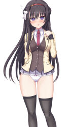 Rule 34 | 1girl, :p, black hair, black thighhighs, blush, breasts, brown vest, buttons, closed mouth, collared shirt, commentary request, commission, embarrassed, eyelashes, eyes visible through hair, feet out of frame, flying sweatdrops, gluteal fold, grey skirt, hair between eyes, hairband, highres, jacket, large breasts, long hair, looking at viewer, microskirt, necktie, nervous, nijouin hazuki, open clothes, open jacket, panties, plaid, plaid skirt, pleated skirt, pom pom (clothes), purple eyes, red hairband, red necktie, riddle joker, school uniform, seductive smile, shiny skin, shirt, simple background, single sidelock, skeb commission, skirt, smile, solo, standing, straight hair, sweatdrop, thighhighs, thighs, tongue, tongue out, underwear, very long hair, vest, white background, white panties, white shirt, yellow jacket, yuunagi (yunagi1373)