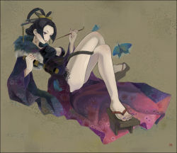 Rule 34 | 1girl, bare legs, black hair, breasts, bug, butterfly, cleavage, dagger, feet, hair ornament, insect, japanese clothes, kimono, knife, legs, metalinu, nail polish, nouhime, nouhime (sengoku musou), sandals, sengoku musou, sengoku musou 2, smoking, solo, toes, weapon