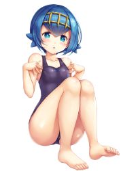 Rule 34 | 1girl, :o, bare arms, bare legs, barefoot, blue eyes, blue hair, blush, collarbone, creatures (company), feet, full body, game freak, hair between eyes, hairband, highres, lana (pokemon), looking at viewer, nintendo, one-piece swimsuit, pokemon, pokemon sm, school swimsuit, short hair, simple background, sitting, solo, swimsuit, toes, trial captain, white background, yuki usagi (snowcanvas)