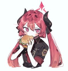 Rule 34 | 1girl, 3j dangan, black horns, black ribbon, black shirt, blue archive, blush, burger, eating, food, food in mouth, hair between eyes, hair ribbon, halo, holding, holding food, horns, junko (blue archive), long hair, looking at viewer, necktie, pink eyes, pointy ears, red eyes, red hair, red necktie, ribbon, shirt, short sleeves, simple background, solo, twintails, upper body, white background