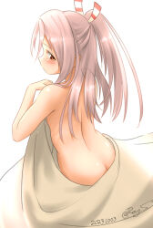 Rule 34 | 1girl, blanket, butt crack, dated, from behind, grey hair, hair ribbon, high ponytail, kantai collection, long hair, nude, one-hour drawing challenge, ray.s, ribbon, solo, twitter username, zuihou (kancolle)