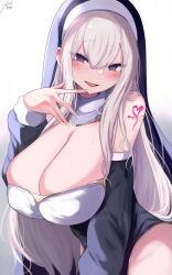 Rule 34 | 1girl, absurdres, black dress, blonde hair, blue dress, breasts, cleavage, dated, detached sleeves, dress, eyes visible through hair, habit, hair between eyes, hand up, highres, huge breasts, long hair, long sleeves, looking at viewer, nail polish, nun, open mouth, original, paid reward available, pink sweater, shoulder tattoo, signature, solo, sweater, tattoo, white nails, yuzuki himuka