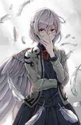 Rule 34 | 1girl, backlighting, bad id, bad twitter id, bow, braid, expressionless, feathered wings, feathers, french braid, hand on own face, highres, jacket, jan (lightdragoon), kishin sagume, long sleeves, looking at viewer, open clothes, red eyes, short hair, silver hair, single wing, skirt, skirt set, solo, touhou, wings
