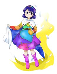 Rule 34 | 1girl, blue eyes, blue hair, boots, bow, cape, cape lift, closed mouth, dark blue hair, dress, footwear bow, full body, hair between eyes, hairband, highres, lifting own clothes, long sleeves, looking at viewer, multicolored clothes, multicolored dress, nonamejd, official style, pink footwear, puffy long sleeves, puffy sleeves, rainbow hairband, sack, short hair, simple background, smile, solo, tenkyuu chimata, touhou, white background, white bow, zipper, zipper pull tab, zun (style)