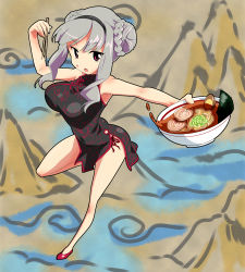 Rule 34 | 1girl, alternate hairstyle, ass, bare shoulders, bouncing breasts, breasts, china dress, chinese clothes, chopsticks, double bun, dress, egg, food, grey hair, hairband, idolmaster, idolmaster (classic), large breasts, long hair, noodles, ramen, red footwear, shijou takane, shoes, solo, takeya yuuki