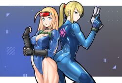 Rule 34 | 2girls, absurdres, aegis (nerocc), alternate costume, ass, back-to-back, black gloves, black wristband, blonde hair, blue bodysuit, blue eyes, bodysuit, breasts, cammy white, capcom, cleavage, collarbone, color connection, commission, cowboy shot, crossover, curvy, elbow gloves, eyewear on head, facial scar, fingerless gloves, gloves, goggles, goggles on head, gun, high ponytail, highleg, highleg leotard, highres, holding, holding gun, holding weapon, huge ass, large breasts, leotard, long hair, looking at another, looking at viewer, metroid, metroid fusion, multiple girls, muscular, muscular female, nintendo, official alternate costume, pixiv commission, ponytail, psd available, samus aran, scar, scar on cheek, scar on face, shiny skin, street fighter, street fighter v, thighs, thong leotard, very long hair, weapon, wide hips, wristband, zero suit