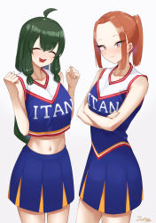 Rule 34 | 2girls, absurdres, ahoge, arms under breasts, blue dress, blue shirt, blue skirt, blush, breasts, brown hair, cheerleader, clenched hands, closed eyes, closed mouth, cowboy shot, crop top, crop top overhang, crossed arms, crossed bangs, dress, forehead, green hair, hands up, highres, komi-san wa komyushou desu, large breasts, low tied hair, mole, mole under eye, mole under mouth, multiple girls, navel, onemine nene, open mouth, otori kaede, ponytail, shirt, short dress, sidelocks, signature, skirt, sleeveless, sleeveless dress, sleeveless shirt, small breasts, smile, standing, white background, yuhi (yuhi atb26)