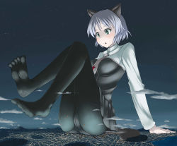 Rule 34 | 1girl, animal ears, arm support, black pantyhose, cat ears, cat tail, city, cityscape, cloud, crotch seam, destruction, feet, female focus, giant, giantess, green eyes, grey hair, highres, huge giantess, military, military uniform, mountain, necktie, night, night sky, open mouth, panties, panties under pantyhose, pantyhose, pantyshot, sanya v. litvyak, sitting, skirt, sky, solo, star (sky), starry sky, strike witches, tail, terada ochiko, toes, underwear, uniform, upskirt, world witches series