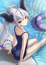 Rule 34 | 1girl, absurdres, ahoge, alternate hairstyle, arm support, ass, ass cutout, black horns, blue one-piece swimsuit, blush, braid, braided bangs, clothing cutout, demon girl, demon horns, double-parted bangs, from above, grey hair, highres, hololive, horns, impossible clothes, impossible swimsuit, innertube, la+ darknesss, long hair, looking at viewer, median furrow, multicolored hair, new school swimsuit, one-piece swimsuit, open mouth, pointy ears, ponytail, pool, poolside, purple hair, school swimsuit, sleeveless, soaking feet, solo, streaked hair, striped horns, swim ring, swimsuit, tail, tail through clothes, taut clothes, taut swimsuit, thighs, very long hair, virtual youtuber, yama5080, yellow eyes