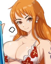 Rule 34 | 1girl, bikini, breasts, brown eyes, cleavage, commission, datli64, earrings, floral print, highres, jewelry, large breasts, long hair, looking at viewer, nami (one piece), one piece, orange hair, smile, stick, swimsuit, tattoo, white background, white bikini