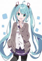 Rule 34 | 1girl, ahoge, aqua hair, black pantyhose, blush, brown cardigan, cardigan, commentary, cowboy shot, finger to mouth, green eyes, hair ornament, hatsune miku, highres, index finger raised, long hair, looking at viewer, miniskirt, open mouth, pantyhose, pleated skirt, purple skirt, shirt, skirt, smile, solo, standing, tantan men (dragon), teeth, upper teeth only, very long hair, vocaloid, white background, white shirt