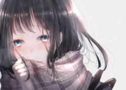 Rule 34 | 1girl, absurdres, black hair, blue eyes, blurry, blush, commentary request, depth of field, enpera, grey background, highres, ichijiku (user yhjw8354), light particles, long hair, looking at viewer, original, plaid, portrait, sad, scarf, smile, solo, tearing up
