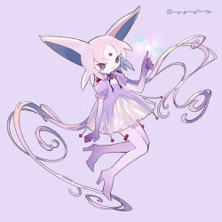 Rule 34 | 1girl, animal ears, beads, blue eyes, boots, choker, creatures (company), dress, elbow gloves, espeon, floating, forehead jewel, full body, game freak, gen 2 pokemon, gloves, hair bobbles, hair ornament, hand up, high heel boots, high heels, highres, index finger raised, layered dress, long hair, looking at viewer, low twintails, myu (3u gumi), nintendo, parted bangs, personification, pokemon, puffy short sleeves, puffy sleeves, purple background, purple dress, purple footwear, purple gloves, purple hair, short dress, short sleeves, sidelocks, simple background, smile, solo, thigh boots, thighhighs, twintails, twitter username, very long hair, white dress, zettai ryouiki