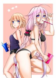 Rule 34 | 2girls, ahoge, arm up, bare arms, bare shoulders, black bra, black panties, black shorts, blonde hair, blue eyes, blush, bra, braid, breasts, camisole, cevio, closed mouth, crossover, cup, fingernails, hair between eyes, hair flaps, holding, holding cup, ia (vocaloid), kizuna akari, long hair, low twintails, medium breasts, mouth hold, mug, multiple girls, one (cevio), panties, parted lips, pink hair, purple camisole, short hair, short shorts, shorts, small breasts, standing, standing on one leg, star (symbol), toothbrush, toothbrush in mouth, twin braids, twintails, underwear, underwear only, very long hair, vocaloid, voiceroid, yodare (3yami8)
