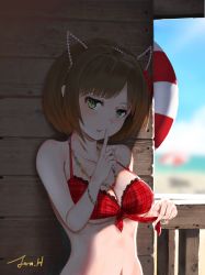 Rule 34 | 1girl, absurdres, against wall, animal ears, bare arms, bare shoulders, bikini, bikini top only, breasts, brown hair, cat ears, cleavage, collarbone, day, fake animal ears, fang, finger to mouth, green eyes, highres, idolmaster, idolmaster cinderella girls, index finger raised, jewelry, jonathan h, lifebuoy, looking at viewer, maekawa miku, medium breasts, naughty face, navel, necklace, outdoors, plaid bikini top, red bikini, short hair, shushing, signature, solo, swim ring, swimsuit, underboob, untying, upper body, wooden wall