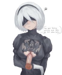 Rule 34 | 1boy, 1girl, artist name, blindfold, breasts, chain, cleavage, cleavage cutout, clothing cutout, collarbone, cropped shirt, disembodied penis, dress, hairband, hetero, highres, juliet sleeves, large breasts, long sleeves, mole, mole under mouth, navel, nier:automata, nier (series), nipples, nude, otonaru, paizuri, parted lips, penis, pubic hair, puffy sleeves, pussy, short hair, speech bubble, standing, testicles, thighhighs, uncensored, veins, veiny penis, watermark, web address, white hair, 2b (nier:automata)