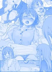 Rule 34 | 1boy, 2girls, ?, ai-chan&#039;s sister (tawawa), ai-chan (tawawa), bed, blue theme, blush, book, braid, breasts, cellphone, cleavage, clock, collarbone, comic, commentary, confused, dreaming, embarrassed, faceless, faceless male, fingernails, getsuyoubi no tawawa, glasses, hand on another&#039;s chin, highres, himura kiseki, holding hands, large breasts, long hair, messy hair, multiple girls, nose blush, onii-san (tawawa), open mouth, pajamas, phone, short hair, siblings, sidelocks, silent comic, sisters, smartphone, sparkle, sweat, tossing, unbuttoned, unbuttoned shirt, wavy mouth