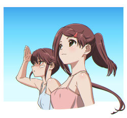 Rule 34 | 2girls, bandaid, bandaid on cheek, bandaid on face, blue camisole, brown eyes, brown hair, camisole, check commentary, closed mouth, commentary request, hair ornament, hairclip, kissxsis, long hair, multiple girls, parted lips, ponytail, red camisole, shitaya tomoyuki, siblings, sisters, smile, suminoe ako, suminoe riko, twins, upper body