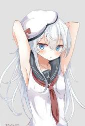 Rule 34 | 10s, 1girl, adapted costume, armpits, black sailor collar, blue eyes, collarbone, grey background, hair between eyes, hat, hibiki (kancolle), highres, kantai collection, long hair, neckerchief, open mouth, pinoaisu, red neckerchief, sailor collar, school uniform, serafuku, silver hair, simple background, sleeveless, solo, twitter username, white hat