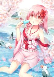 Rule 34 | !, 1girl, animal, arm support, beach, bird, blurry, blurry foreground, blush, braid, breasts, camisole, cleavage, collarbone, commentary request, day, depth of field, floral print, flower, food, hair between eyes, hair flower, hair ornament, halterneck, head tilt, holding, holding food, japanese clothes, kimono, leaning back, long sleeves, looking at viewer, off shoulder, outdoors, parted lips, pink flower, pink hair, pink kimono, pink shorts, popsicle, print kimono, red eyes, red flower, ribbon trim, sand, seagull, sergestid shrimp in tungkang, shallow water, short kimono, short shorts, shorts, shrimp, side braid, single braid, sitting, sleeves past wrists, small breasts, solo, trembling, water, white camisole, wide sleeves, xuan ying, zinczinc ka