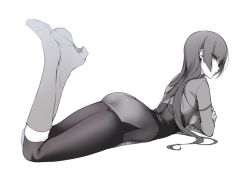 Rule 34 | 1girl, ass, bad id, bad tumblr id, blunt bangs, boots, breasts, creatures (company), crossed arms, from side, full body, game freak, greyscale, gym leader, hizuki akira, leg up, leggings, long hair, long sleeves, looking at viewer, looking back, lying, medium breasts, monochrome, nintendo, on stomach, pantyhose, pokemon, pokemon rgby, profile, sabrina (pokemon), solo