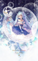 Rule 34 | 1girl, bare shoulders, blue dress, blue eyes, blue hair, character name, dress, fortissimo, hair ornament, hatsune miku, highres, in bubble, long hair, merry christmas, musical note, musical note hair ornament, ouu min, rabbit, snowflakes, strapless, strapless dress, twintails, very long hair, vocaloid, yuki miku, yukine (vocaloid)