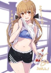 Rule 34 | 1girl, :d, adidas, alcohol, alternate costume, black bow, black shorts, blue sports bra, bottle, bow, breasts, brown eyes, brown hair, clothes lift, commentary request, dated, hair between eyes, hair bow, hair ornament, hairclip, highres, holding, holding bottle, kantai collection, ld (luna dial398), lifted by self, long hair, looking at viewer, low twintails, navel, open mouth, shirt lift, short shorts, shorts, small breasts, smile, solo, sports bra, sportswear, sweat, tank top, tashkent (kancolle), translation request, twintails, vodka, white tank top, wiping sweat