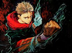 Rule 34 | 1boy, armband, armlet, blue fire, clenched hand, clenched hands, energy, fighting stance, fire, highres, hiroc691, hood, hoodie, itadori yuuji, jujutsu kaisen, male focus, multicolored background, pink hair, red eyes, red hood, red hoodie, school uniform, scowl