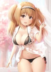 Rule 34 | 1girl, alternate costume, bikini, blush, breasts, brown eyes, cleavage, collarbone, commentary request, cowboy shot, gluteal fold, hair between eyes, hair ornament, hairband, highres, i-26 (kancolle), kantai collection, large breasts, looking at viewer, navel, open mouth, orange hair, side-tie bikini bottom, smile, solo, standing, string bikini, swimsuit, thighs, wamu (chartreuse)