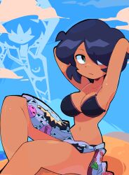 Rule 34 | 1girl, absurdres, arms behind head, arms up, bacun, beach, bikini, black hair, blue sky, breasts, cleavage, cloud, feet out of frame, hair over one eye, highres, large breasts, looking at viewer, navel, nazo no kanojo x, outdoors, print sarong, projected inset, sand, sarong, school uniform, serafuku, short hair, sitting, sky, sweat, swimsuit, tan, tanline, tanline peek, urabe mikoto, water