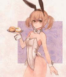 1girl absurdres animal_ears azusawa_kohane bare_legs bow bowtie breasts brown_hair commentary cowboy_shot detached_collar doughnut english_commentary fake_animal_ears food highres leotard light_brown_hair oink_(oinkoinkoi) playboy_bunny project_sekai rabbit_ears rabbit_tail short_hair small_breasts solo standing strapless strapless_leotard tail tray white_bow white_bowtie white_leotard wrist_cuffs