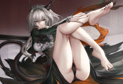 Rule 34 | 1girl, arknights, ascot, ass, bare legs, barefoot, black ascot, black jacket, black panties, black skirt, breasts, closed mouth, commentary request, corset, cropped jacket, dragon girl, dragon horns, dragon tail, feet, full body, grey eyes, hair between eyes, hair intakes, highres, horns, jacket, kacyu, large breasts, legs, long hair, long sleeves, looking at viewer, merlin (fate/prototype), nail polish, panties, shirt, silver hair, skirt, smile, soles, solo, tail, talulah (arknights), toenail polish, toenails, toes, underwear, white shirt