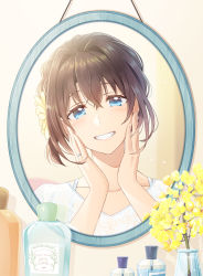 Rule 34 | 1girl, black hair, blue eyes, collarbone, commentary request, flower, grin, hair between eyes, hands on own face, hands up, head tilt, jewelry, looking at viewer, mirror, mono lith, original, ring, see-through, shirt, smile, solo, upper body, vase, water, white shirt, yellow flower