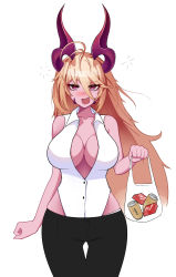 Rule 34 | 1girl, absurdres, ahoge, bag, bails, black pants, blonde hair, blush, breasts, cleavage, colored skin, condom box, dark magician beth, demon girl, feet out of frame, guardian tales, highres, holding, holding bag, large breasts, long hair, looking at viewer, okamoto condoms, open mouth, pants, purple skin, shirt, solo, white background, white shirt