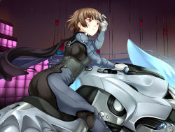 Rule 34 | 10s, 1girl, ass, biker clothes, bodysuit, braid, brown hair, buttons, corset, cowboy shot, crown braid, from side, gloves, hand in own hair, hand up, highres, joanna (persona 5), leaning forward, looking afar, motor vehicle, motorcycle, niijima makoto, no mask, parted lips, persona, persona 5, red eyes, riding, scarf, short hair, shoulder spikes, solo focus, spikes, yomitrooper