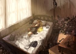 Rule 34 | 1girl, bed, berabou, blonde hair, book, broom, chess piece, chessboard, hat, highres, kirisame marisa, long hair, lying, messy room, nightgown, on bed, on side, pillow, scenery, skirt, solo, strap slip, touhou, unworn hat, unworn headwear, unworn shirt, unworn skirt, very long hair, wide shot, window
