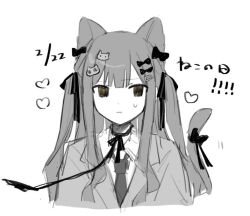 Rule 34 | 1girl, animal ears, bang dream!, bang dream! it&#039;s mygo!!!!!, blazer, cat day, cat ears, cat girl, cat hair ornament, cat tail, closed mouth, collared shirt, commentary, cropped torso, dated, greyscale, hair ornament, hair ribbon, hairclip, haneoka school uniform, heart, jacket, leash, long hair, looking at viewer, monochrome, necktie, ribbon, saifu (saihu715), school uniform, shirt, sidelocks, simple background, solo, spot color, sweatdrop, tail, togawa sakiko, translated, two side up, upper body, yellow eyes