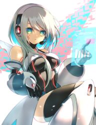 Rule 34 | 1girl, @ @, android, bare shoulders, black legwear, black leotard, blue hair, breasts, character request, commentary, covered navel, facial mark, glowing, green eyes, hair between breasts, hair between eyes, headset, helmet, highres, holographic interface, ico (megaman x dive), knee up, leotard, long hair, looking at viewer, medium breasts, mega man (series), mega man x (series), mega man x dive, multicolored hair, parco 1315, parted lips, platinum blonde hair, shaded face, shadow, simple background, solo, thighs, two-tone hair, white background, wings