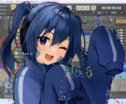Rule 34 | 1girl, :d, blue eyes, blue hair, blue jacket, ene (kagerou project), facial mark, glitch, headphones, highres, jacket, kagerou project, looking at viewer, one eye closed, open mouth, sleeves past fingers, sleeves past wrists, smile, solo, tananuki, track jacket, twintails, window (computing)