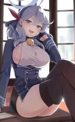 Rule 34 | 1girl, absurdres, ako (blue archive), areola slip, bell, black gloves, black skirt, black thighhighs, blue archive, blue eyes, blue hair, blue jacket, blush, breasts, covered erect nipples, crossed legs, earrings, emirio (emirio110), feet out of frame, gloves, halo, highres, jacket, jewelry, large breasts, looking at viewer, miniskirt, neck bell, on table, shirt, sideboob, sideless outfit, signature, sitting, skirt, smile, solo, stud earrings, sweatdrop, table, thighhighs, white shirt