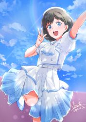 Rule 34 | 1girl, :d, arm up, ascot, bangle, belt, belt buckle, blue eyes, blue sky, bob cut, bracelet, brown hair, buckle, buttons, commentary, dated, double-breasted, dress, earrings, flipped hair, gradient dress, hand up, highres, hinata2325, jacket, jewelry, layered skirt, lens flare, looking at viewer, love live!, love live! superstar!!, medium dress, open mouth, puffy short sleeves, puffy sleeves, short sleeves, signature, skirt, sky, smile, solo, sunlight, tang keke, teeth, tongue, upper teeth only, w, what a wonderful dream!!, white ascot, white belt, white headwear, white jacket