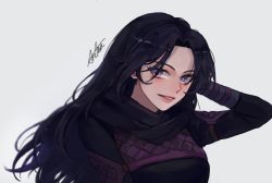 Rule 34 | 1girl, alternate hairstyle, animification, apex legends, arc4na, black bodysuit, black hair, blue eyes, blush, bodysuit, breasts, commentary, english commentary, grey background, long hair, looking to the side, medium breasts, parted bangs, parted lips, portrait, signature, smile, solo, wraith (apex legends)